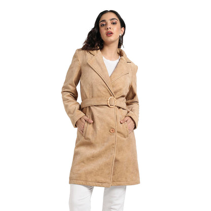 Campus Sutra Womens Beige Single-Breasted Long Coat with Belted Waist for Casual Wear | Lapel Collar | Long Sleeve | Button Clo
