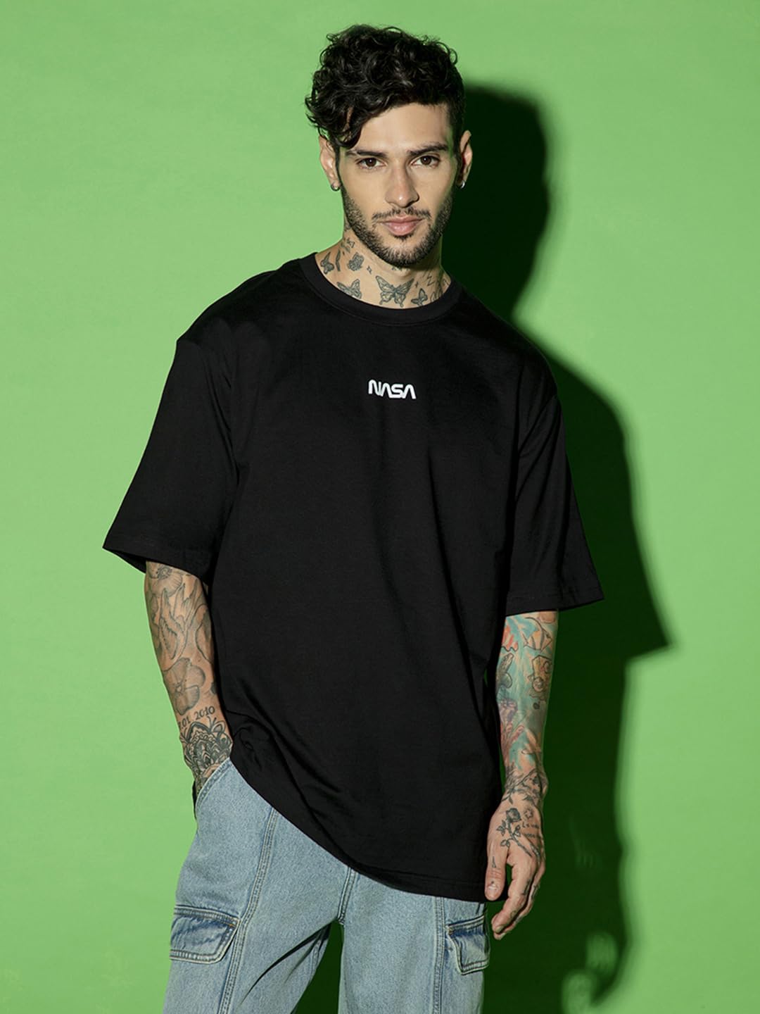 Bewakoof Mens Universal Astro Graphic Printed 100% Cotton T-Shirt - Oversized Fit, Round Neck, Half Sleeves