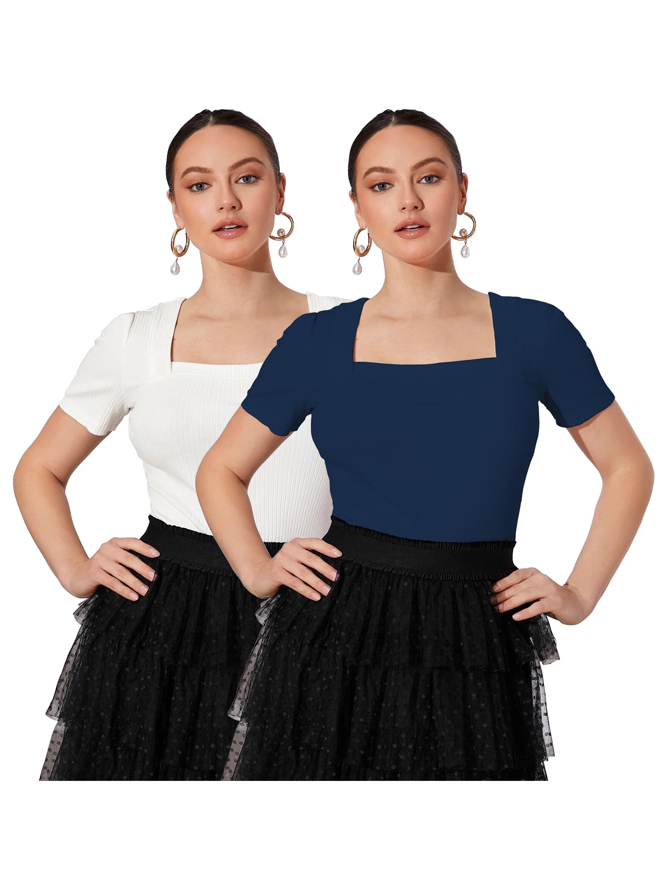 Shasmi Womens & Girls White and Navy Solid Knitted Square Neck Regular Fit T-Shirts Short Puff Sleeve Tops (52 Pack 2 White Na
