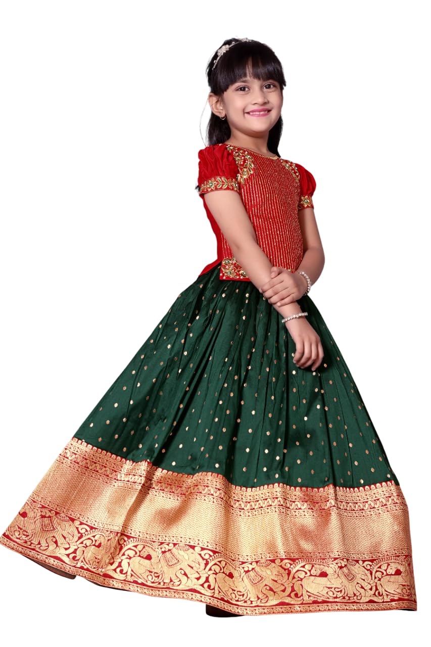 White Button New Latest GirlS Pattu Pavadai Readymade Lehenga Choli For Girls Dress