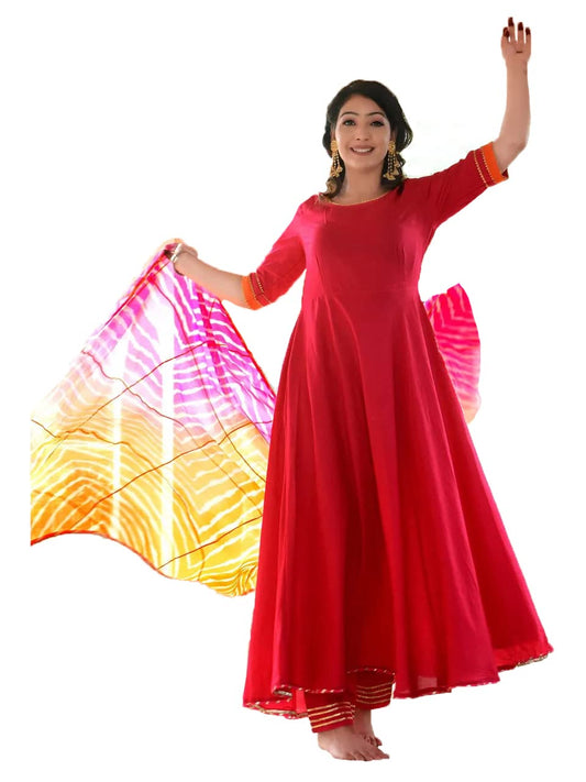 GoSriKi Women's Cotton Blend Anarkali Solid Kurta with Pant & Dupatta (Rangin-GO)