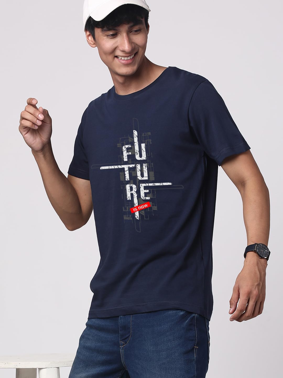 ADRO Men's Graphic Printed 100% Cotton T-Shirt - Regular Fit, Printed T-Shirts for Men (RN24-FTR-NB_Navy)