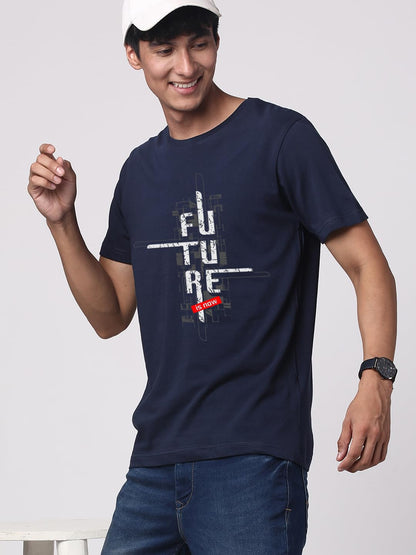 ADRO Men's Graphic Printed 100% Cotton T-Shirt - Regular Fit, Printed T-Shirts for Men (RN24-FTR-NB_Navy)