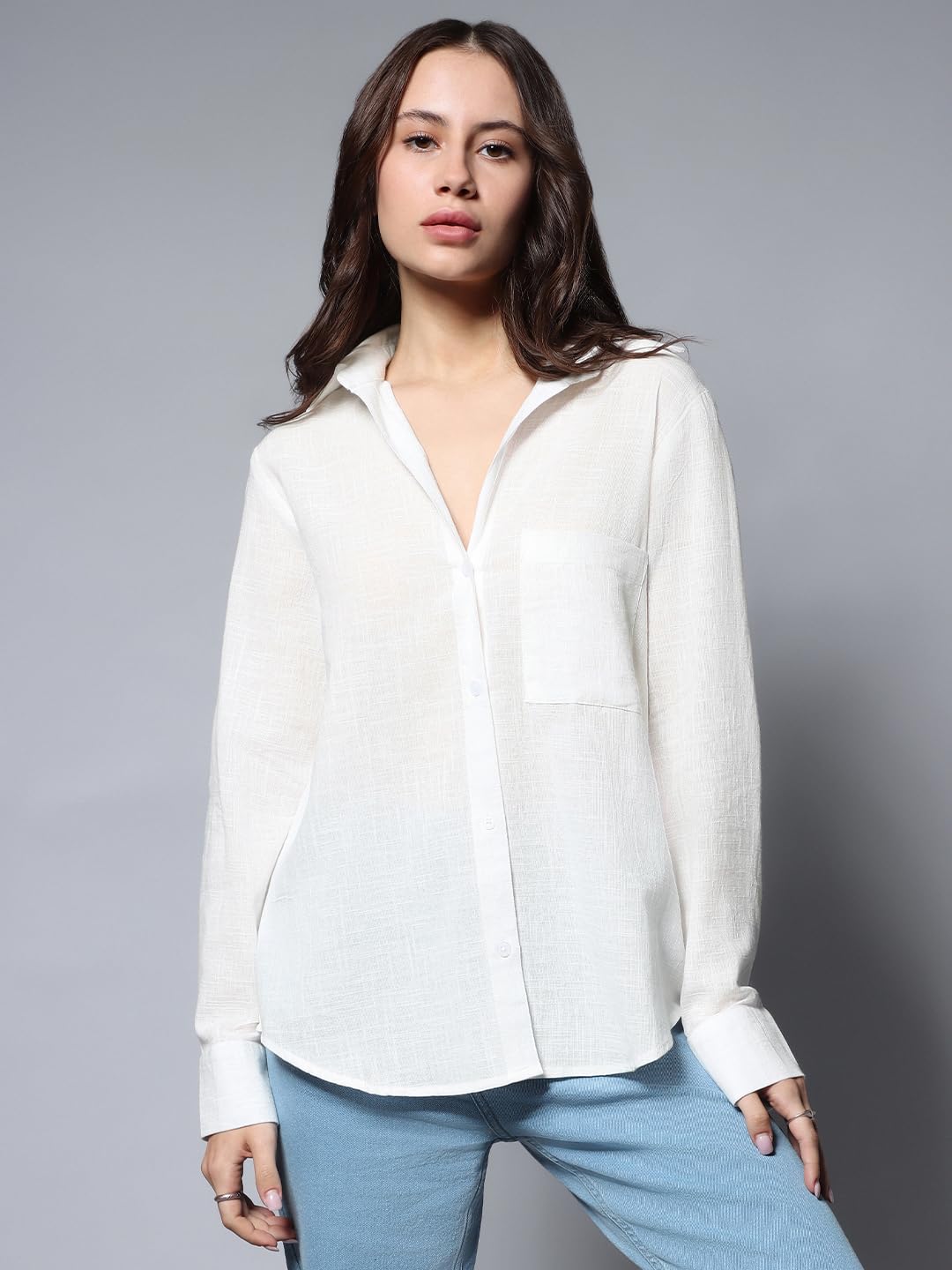 HIGH STAR Womens Oversized Fit Shirt (HSWSHW23509_WH_White