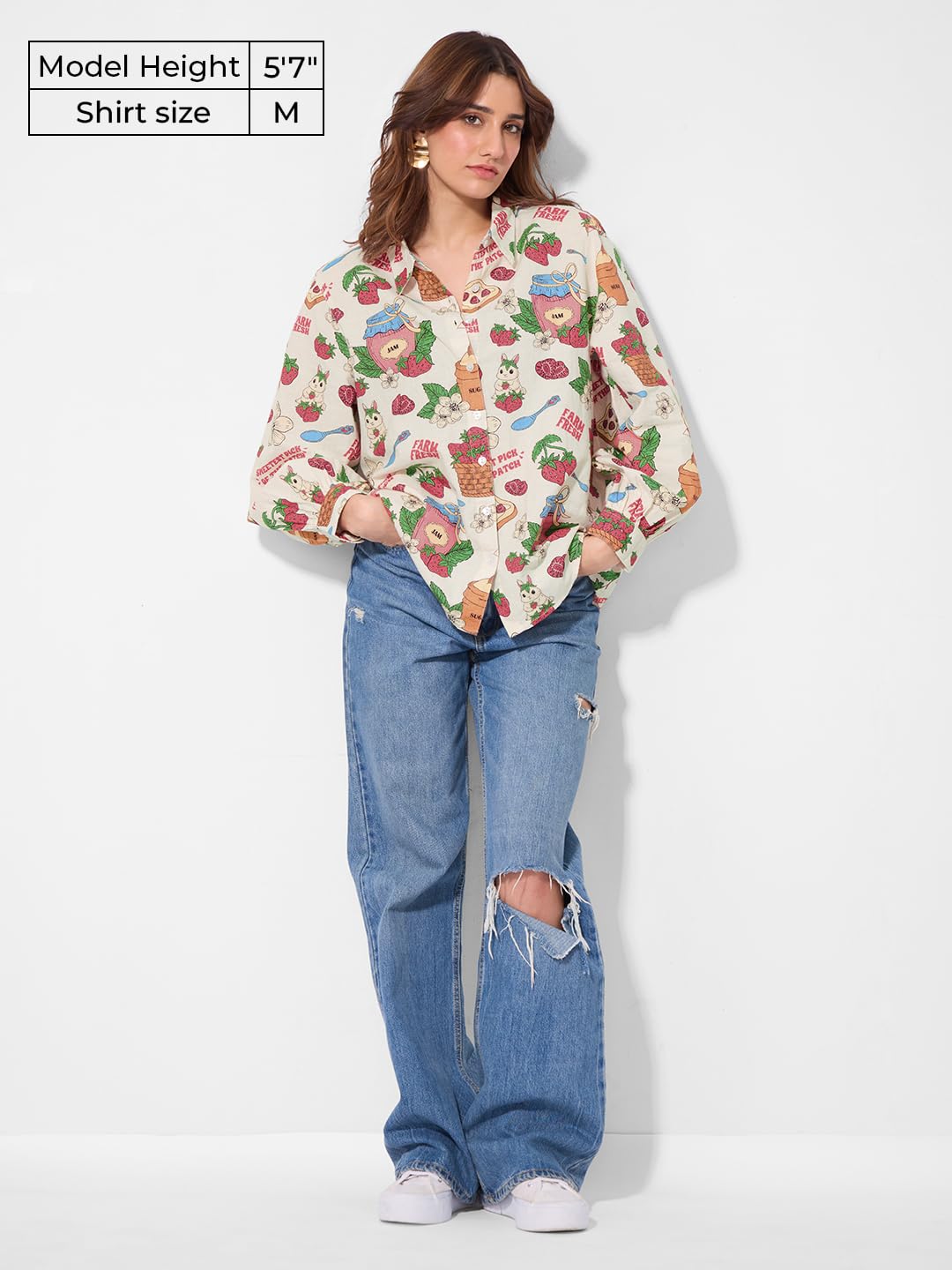 The Souled Store Cotton Linen: Strawberry Women and Girls Long Sleeves Collared Neck Button Front Off White All Over Printed Rel