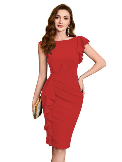 Shasmi GirlS & WomenS Asymmetrical Sleeve Ruffle Trim Cocktail Party Fitted One Piece Knee Length Midi Dress For Women Stylish