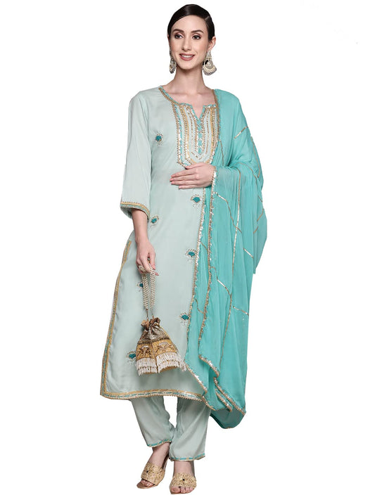 ishin Women's Viscose Rayon Embroidered A-Line Kurta suit set With Dupatta & Pants