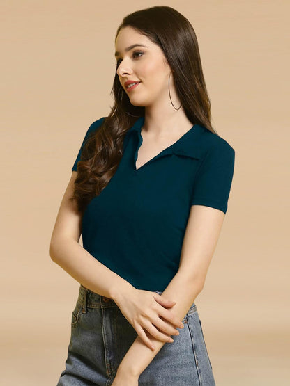 Pinkmint Womens Solid Cotton Collar Neck Top ll Lycra Crop Tank T-Shirt ll Korean Trendy Half Sleeve ll Stylish Collared T-Shir
