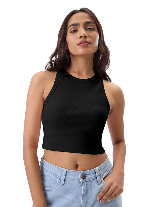 The Souled Store Solids: Jet Black Women and Girls Sleeveless Round Neck Tank Top