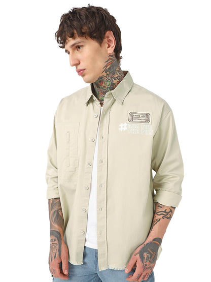 Bewakoof Mens Typography Oversized Fit Full Sleeve Collared Pure Cotton Shirt_662525_Cream_XL
