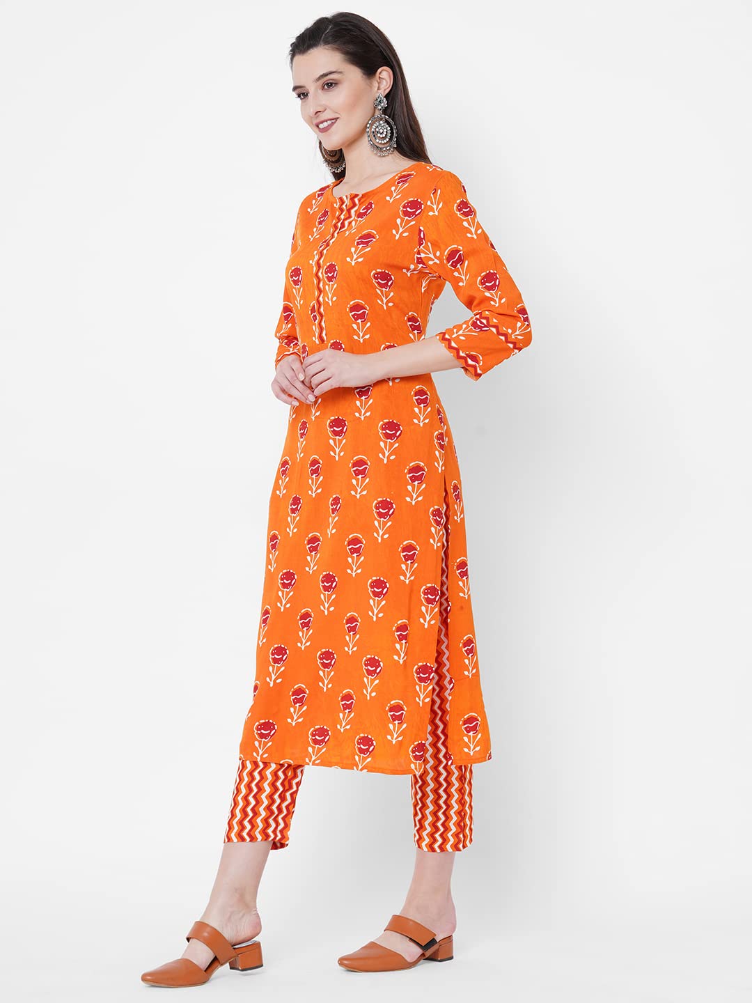 GoSriKi Women's Pure Cotton Flower Print Kurta with Palazzo (Orange Flower_GO)
