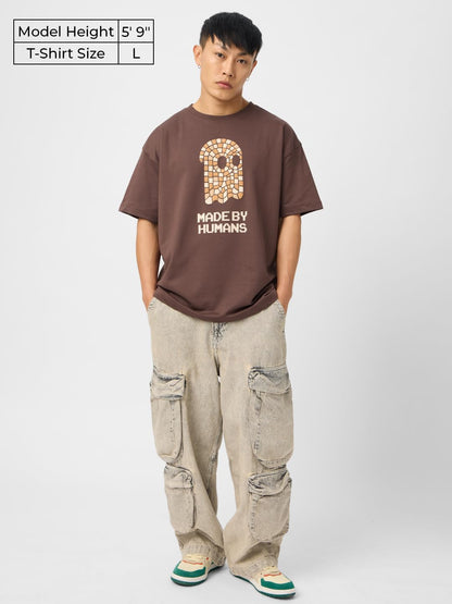 The Souled Store Originals : Mosaic Mens and Boys Oversize Fit Half Sleeves Cotton T-Shirt Brown