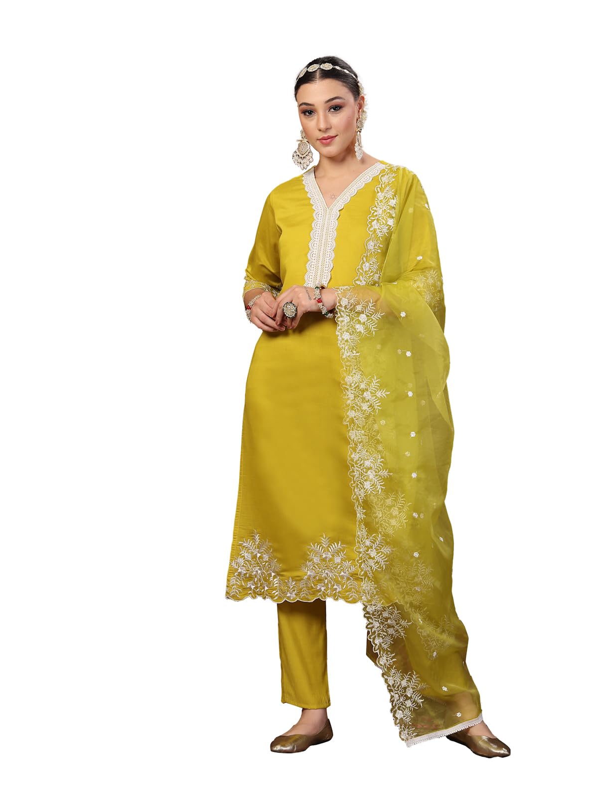 Stylum WomenS Lime Green Solid & Embroidered Silk Straight Kurta Pant Dupatta Set