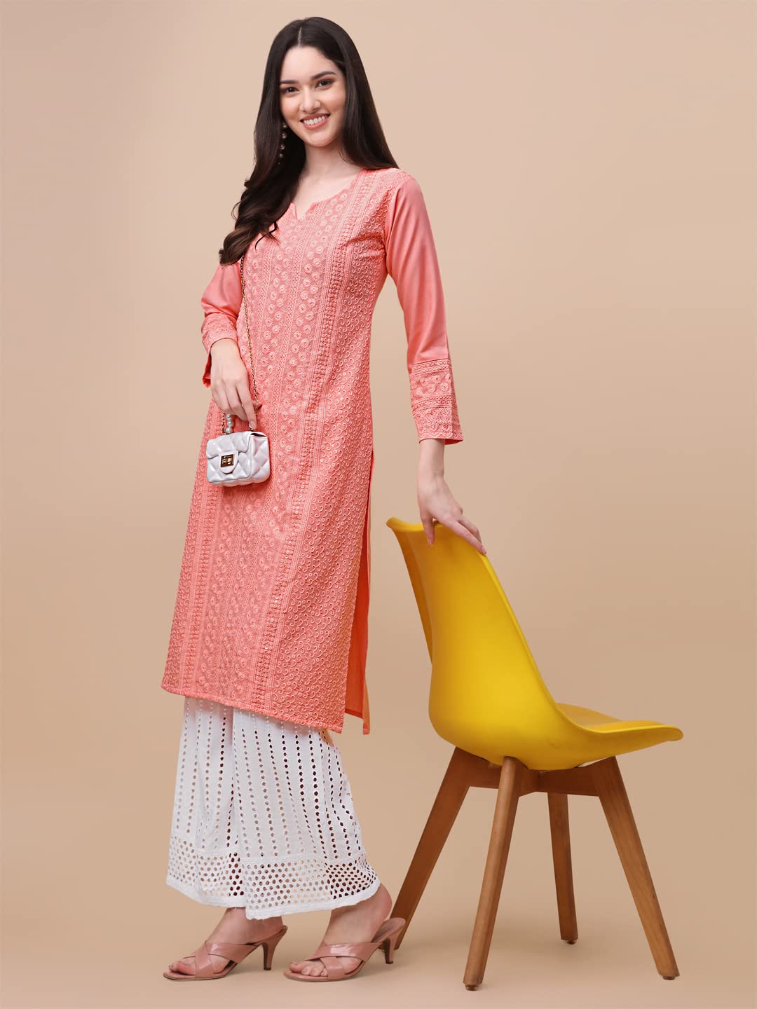 Gufrina WomenS Viscose Rayon Lucknowi Embroidery Work 3/4 Sleeve V- Nack Straight Kurta With Chikankari Embroidery Palazzo Set