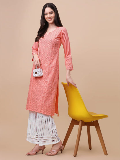 Gufrina WomenS Viscose Rayon Kurta & Palazzo Set With Notch Neck Chikankari Embroidery Work 3/4Th Sleeves Regular Fit And Calf