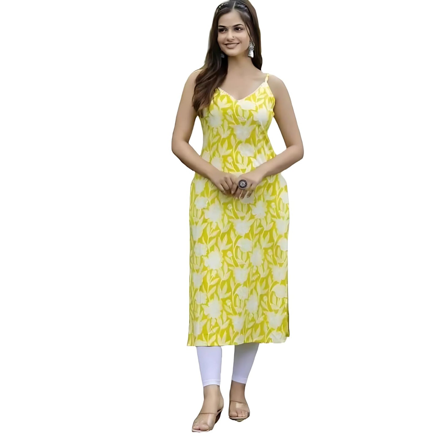 Modestouze Attires WomenS Floral Printed Knee Length Round Neck Sleeveless Rayon Kurti, Kurta Set For Women, Printed Kurti For