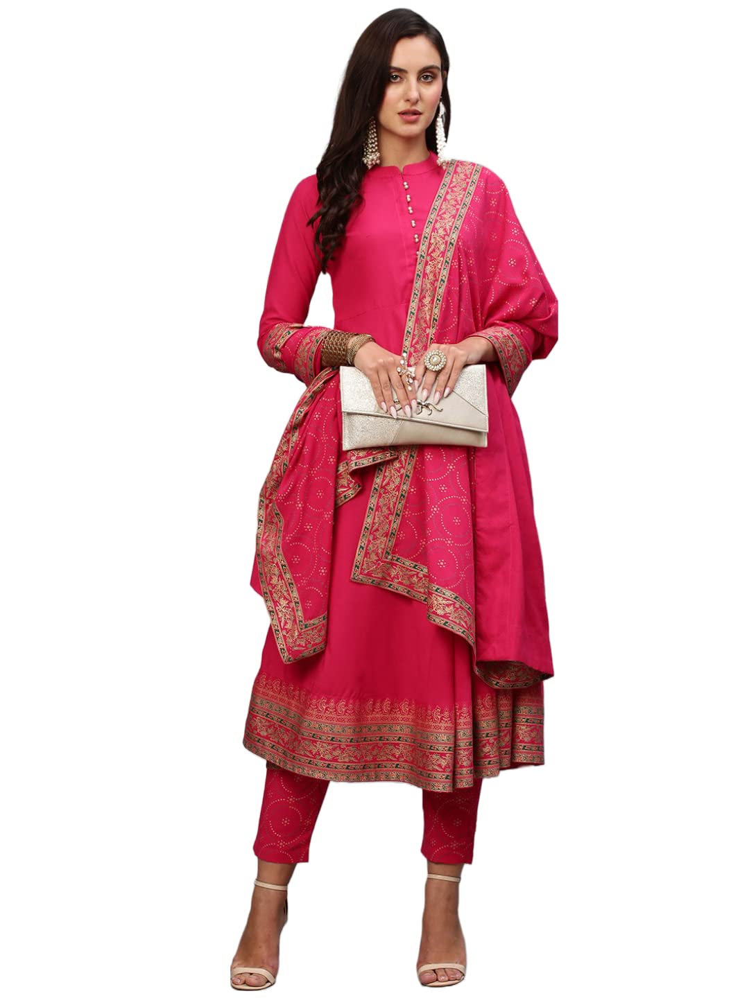 ANNI DESIGNER Womens Cotton Blend Solid Anarkali Kurta with Pant & Dupatta (Panchali-Rani-Nw_XXL_Pink_XX-Large)