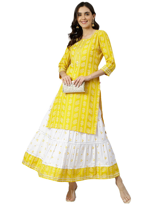 Anni Designer WomenS Cotton Blend Kurta With Skirt (Mausam_Yellow_Xl)