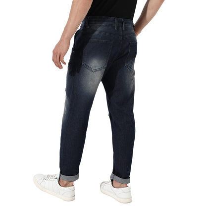 Campus Sutra Mens Dark Blue Ripped Dark-Wash Denim Jeans | Stretchable Cotton Mid-Rise Denim Jeans Crafted with Comfort Fit and