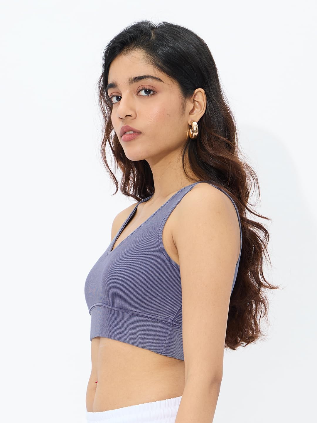 The Souled Store Solids: Acid Wash Lavender Women and Girls Sleeveless V Neck Cotton Blend Slim Fit Bralette Top