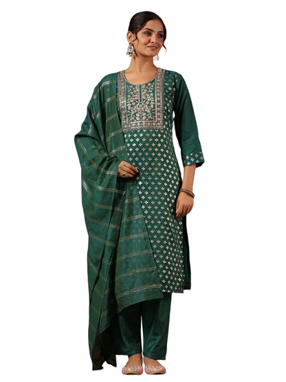 ishin Women's Viscose Rayon Foil Print Green Straight Kurta Suit Set with Trousers & Dupatta