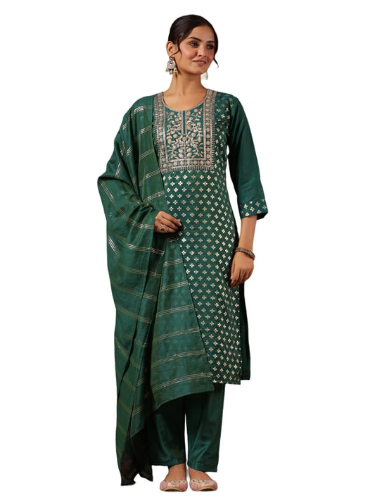 ishin Women's Viscose Rayon Foil Print Green Straight Kurta Suit Set with Trousers & Dupatta