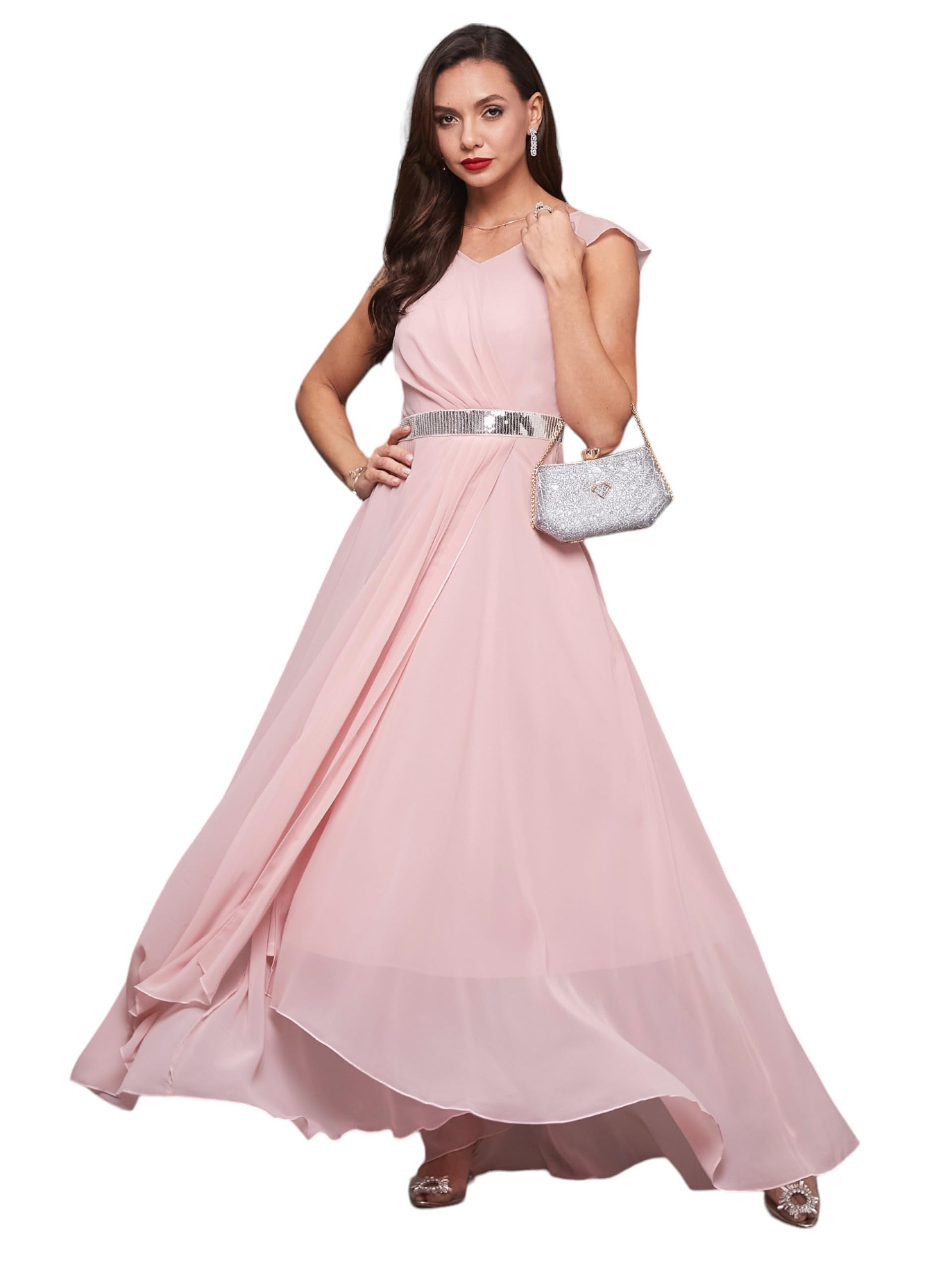 Miss Chase WomenS V-Neck Short Sleeve Solid Embellished Georgette Maxi Dress (Mcaw21D06-17-234-06, Dusty Pink, Xl)
