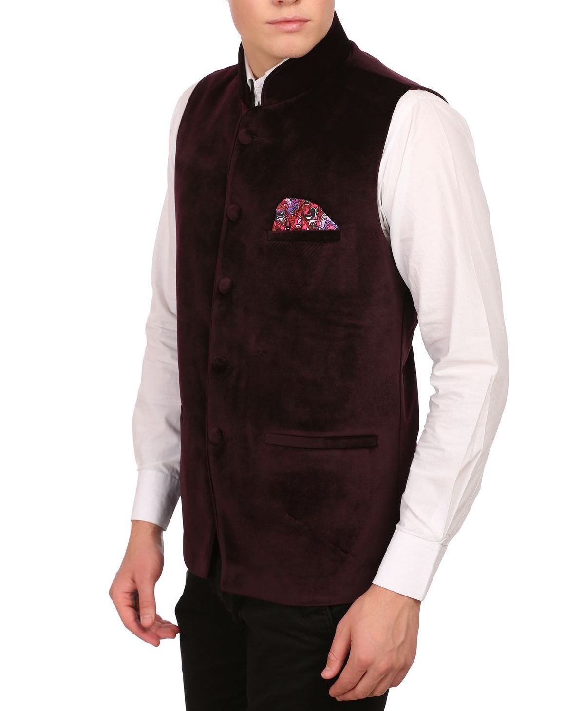 WINTAGE Mens Velvet Grandad Collar Festive Wine Nehru Jacket Vest Waistcoat