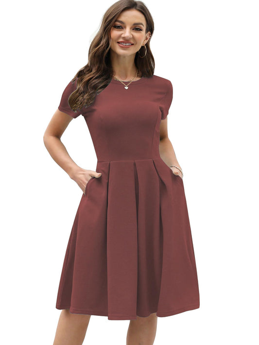 Shasmi GirlS & WomenS Solid Rust Brown Color Solid Slant Pocket Fold Pleated, Women Cocktail Party Vintage Style With Pockets