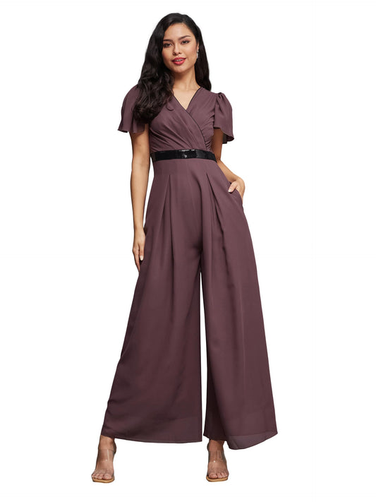 Miss Chase WomenS Mauve Solid Relaxed Fit Short Sleeve V-Neck Ankle Length Straight Jumpsuit With Pockets (Mcss21F01-14-271-06,