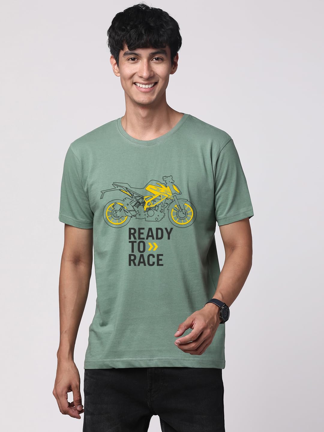 ADRO Men's Biker Design Printed 100% Cotton T-Shirt - Regular Fit, Printed T-Shirts for Men (RN24-KTM-PT_Pista)