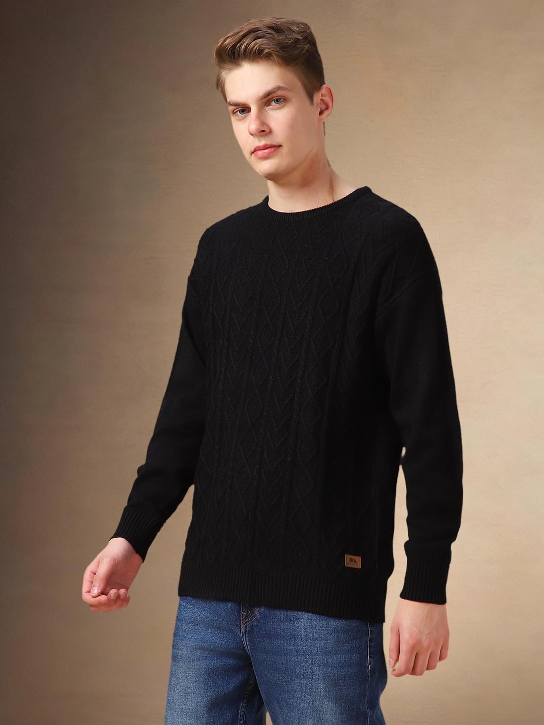 Dennis Lingo Men Black Solid Acrylic Relaxed Fit Full Sleeve Sweater