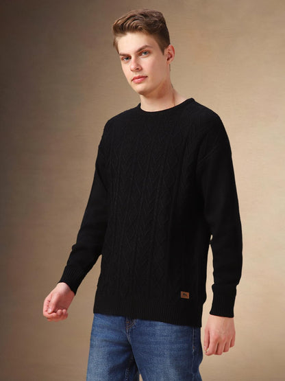 Dennis Lingo Men Black Solid Acrylic Relaxed Fit Full Sleeve Sweater