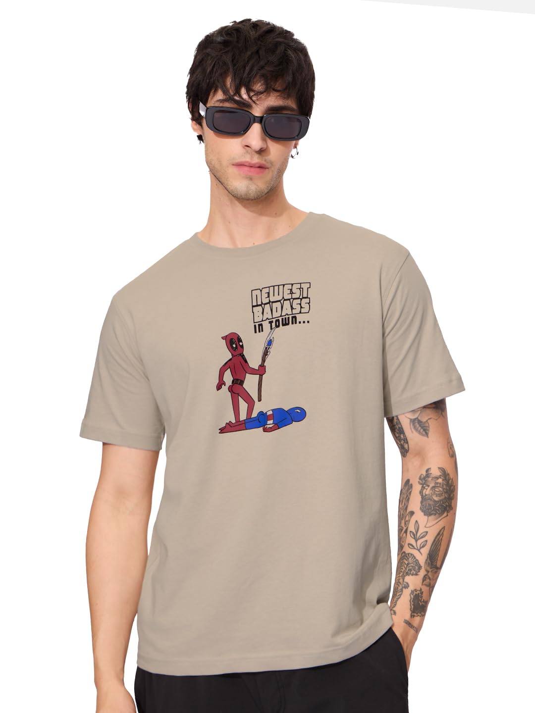 The Souled Store Official Deadpool: Newest Badass Men and Boys Short Sleeves Round Neck Brown Graphic Printed Regular Fit Cotton