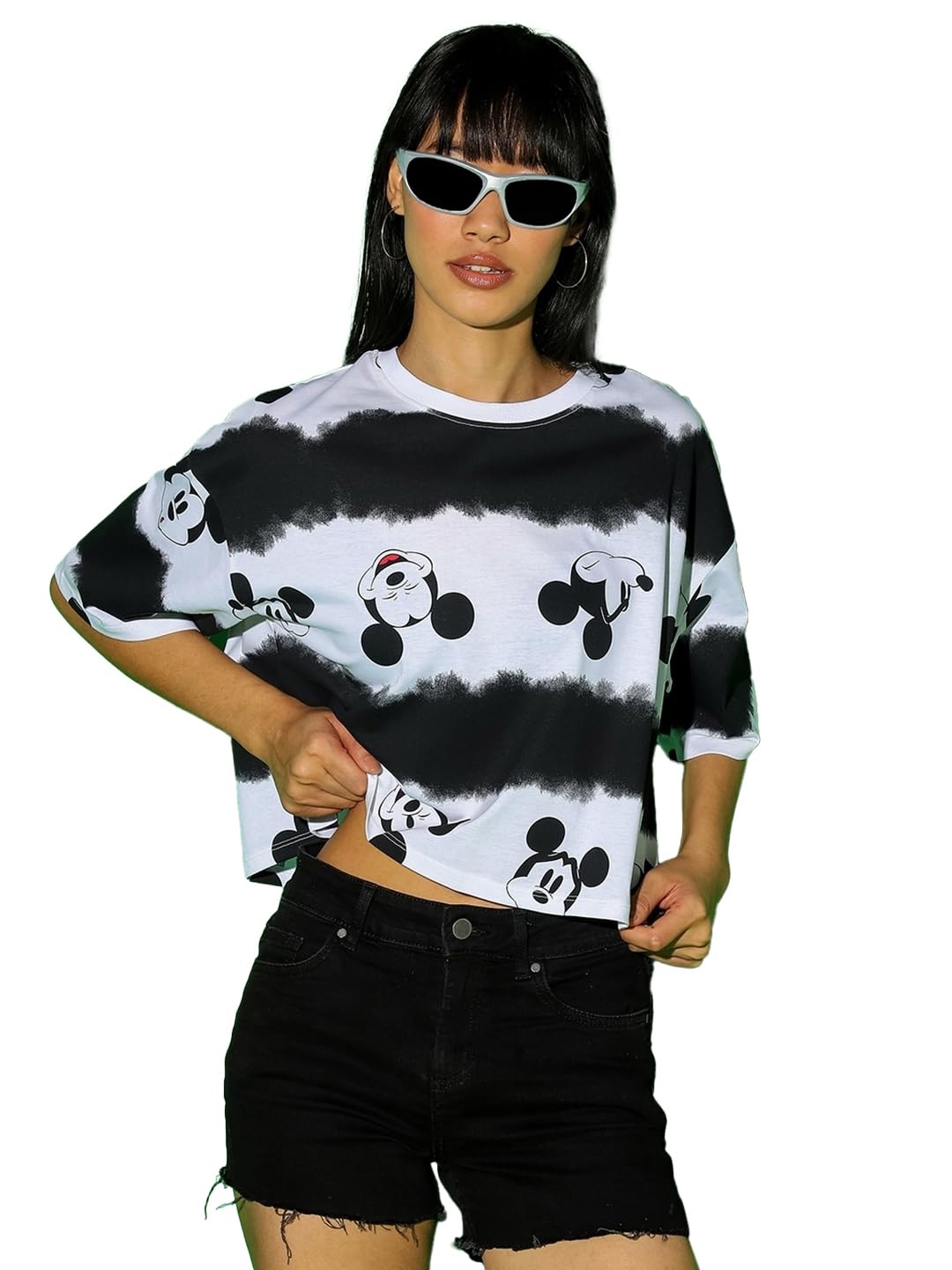 Bewakoof Official Disney Merchandise Womens All Over Printed Oversized Fit Half Sleeve Round Neck Cotton Short Top_584434_White
