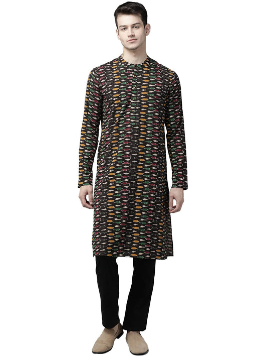 See Designs Men Black and Gold Kalamkari Block Printed Straight Sustainable Kurta