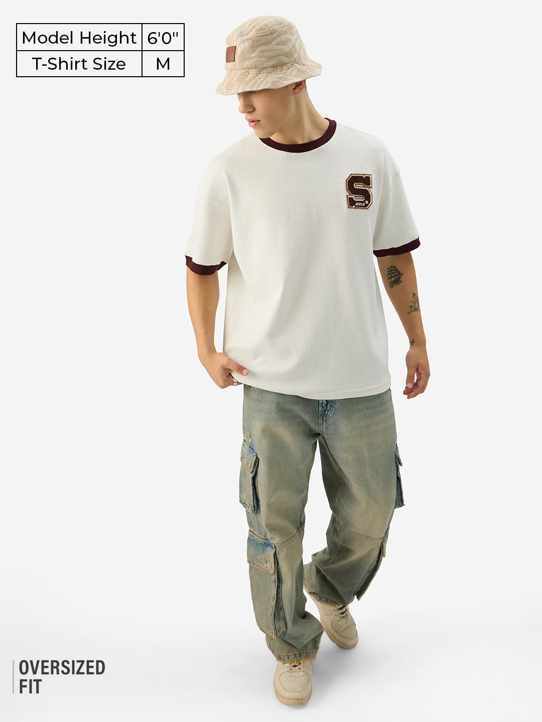 The Souled Store Originals: S 2013 Men and Boys Short Sleeve Round Neck White Embroidered Cotton Oversized T-Shirts
