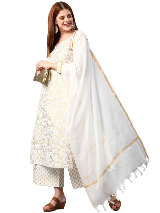 GoSriKi Women's Cotton Blend Printed Straight Kurta with Palazzos & Dupatta (Ghost-Off-White-Nw-GS)