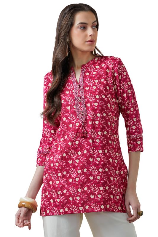 Soch Womens Fuchsia Rayon Botanical Print Tunic with Mirror Work