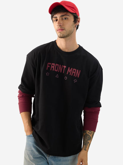 The Souled Store Official Squid Game: Front Man Men and Boys Round Neck Black Graphic Printed Cotton Oversized Full Sleeve T-Shi