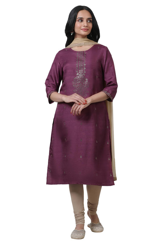 W for Woman Purple Festive Geometric Print Karnatka Silk Straight Kurta Set with Churidar & Dupatta
