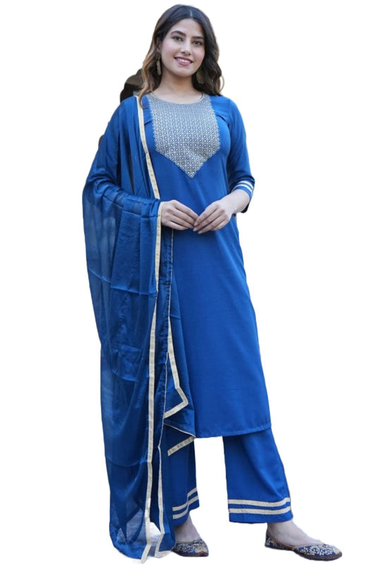 ANNI DESIGNER Women's Ruby Cotton Straight Solid Kurta with Palazzo & Dupatta (Label CEROSIN-Jan40)
