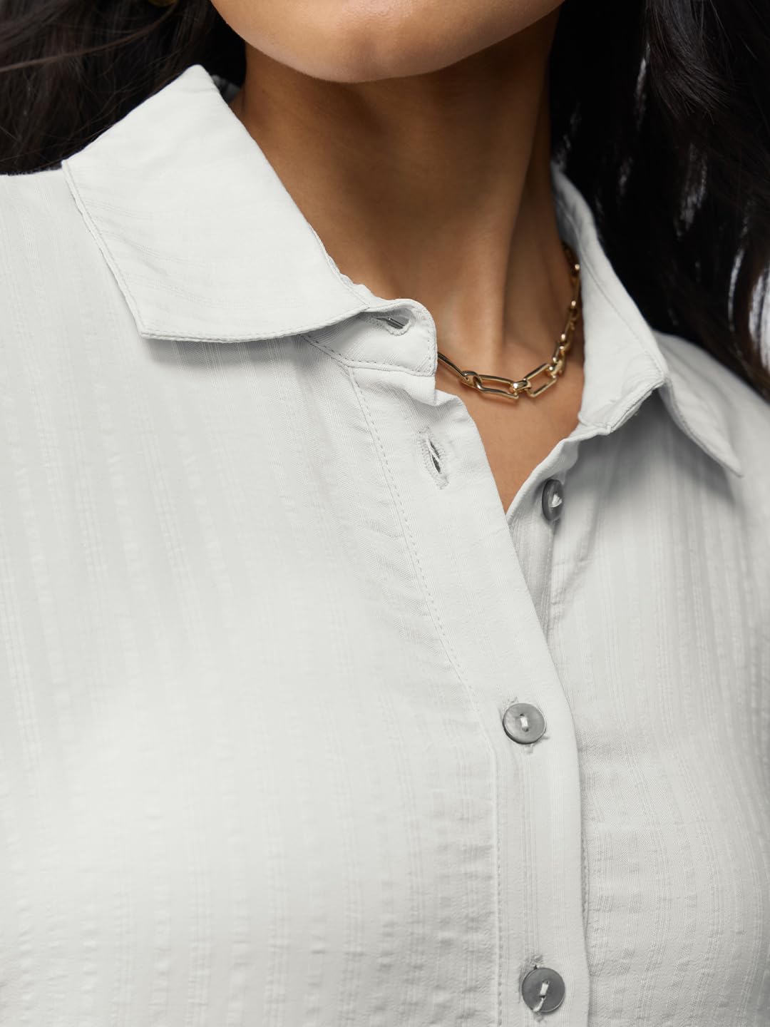 The Souled Store Side Rouching Shirt: Off White Women and Girls Long Sleeves Collared Neck Button Front Slim Fit Viscose Shirts
