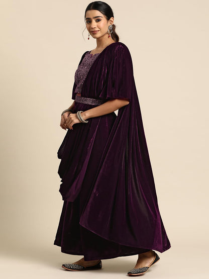 Libas WomenS Velvet Saree (34768_Wine)