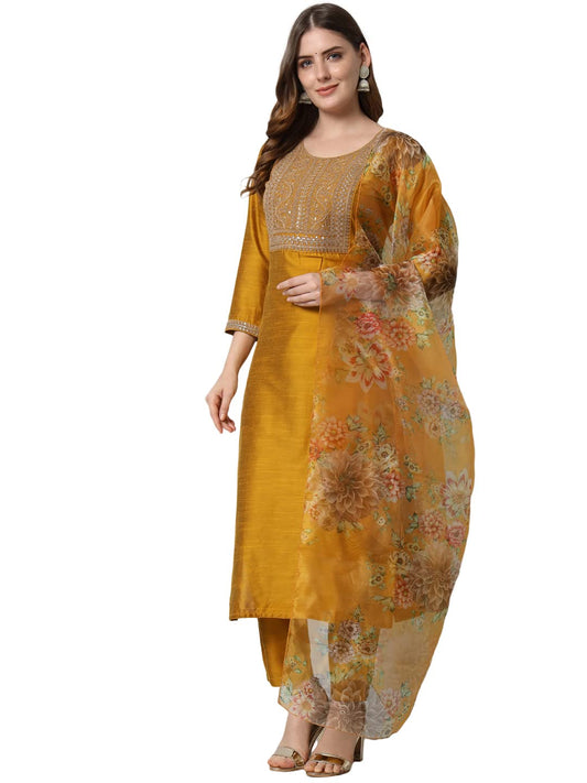 Vredevogel WomenS Embroidered Floral Silk Blend Kurta Pant And Dupatta Set (Mustard_Xxx-Large)