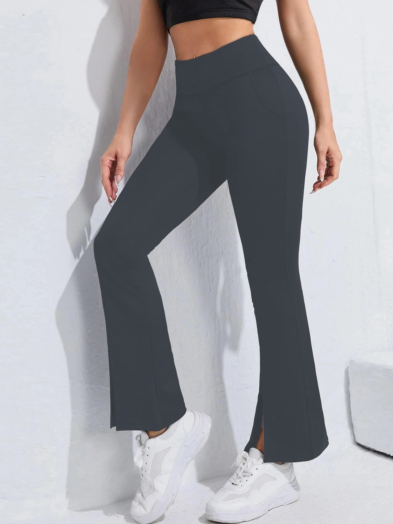 Shasmi Grey Womens Yoga Dress Pants Stretchy Work Slacks Business Casual Sport Office Bootcut Leg Elastic Waist Regular Fit Pla