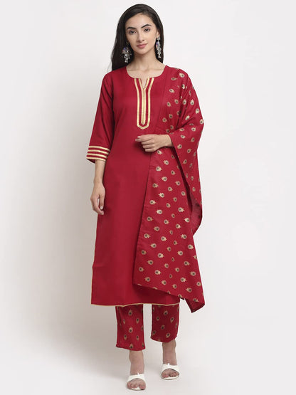 ANNI DESIGNER Women's Cotton Straight Kurta with Pant & Dupatta (GOURI RED)