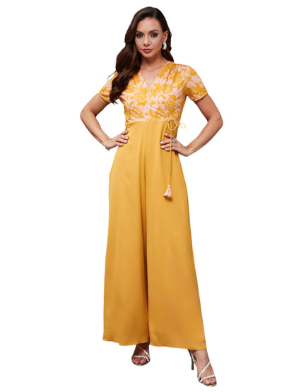 Miss Chase Womens Mustard V-Neck Half Sleeve Self-Designed Wrap Regular-Length Crepe Jumpsuit (MCSS25D93-85-183-02, Mustard, XS