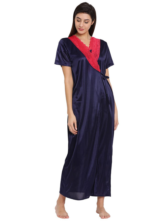 Clovia Womens Satin Long Robe with Lace (NS1139P08_Navy Blue_Free-Size)