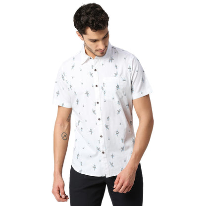 Thomas Scott Mens Printed Slim Fit 100% Cotton Casual Shirt with Spread Collar and Half Sleeve White